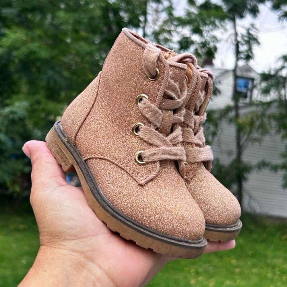 Cat & Jack Girls Rose Gold Glitter Ankle Boots Size 5 Lace Up Side Zip